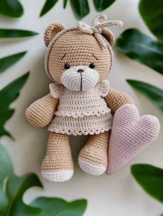 Crochet Teddy Bear Girl Toy with Pink Heart