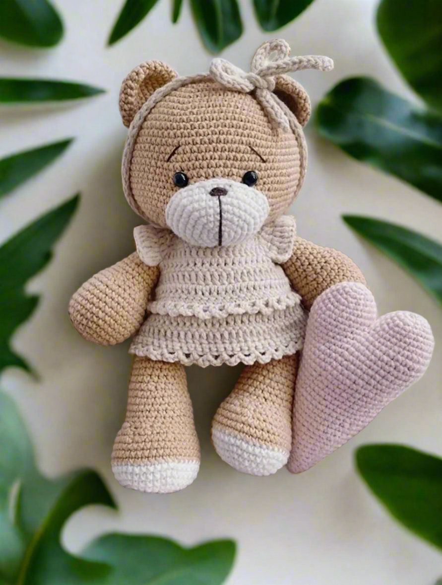 Crochet Teddy Bear Girl Toy with Pink Heart