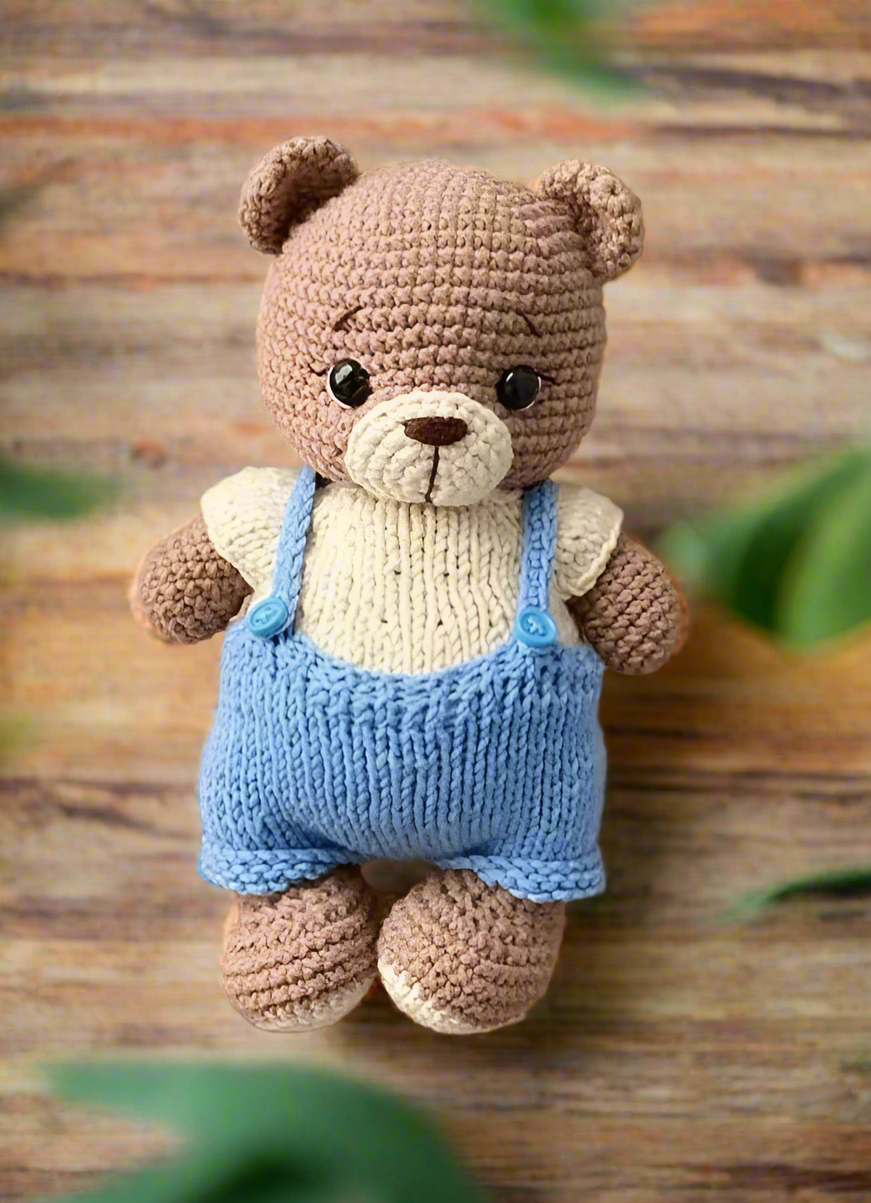 Crochet Teddy Bear in Blue Jumpsuit Toy