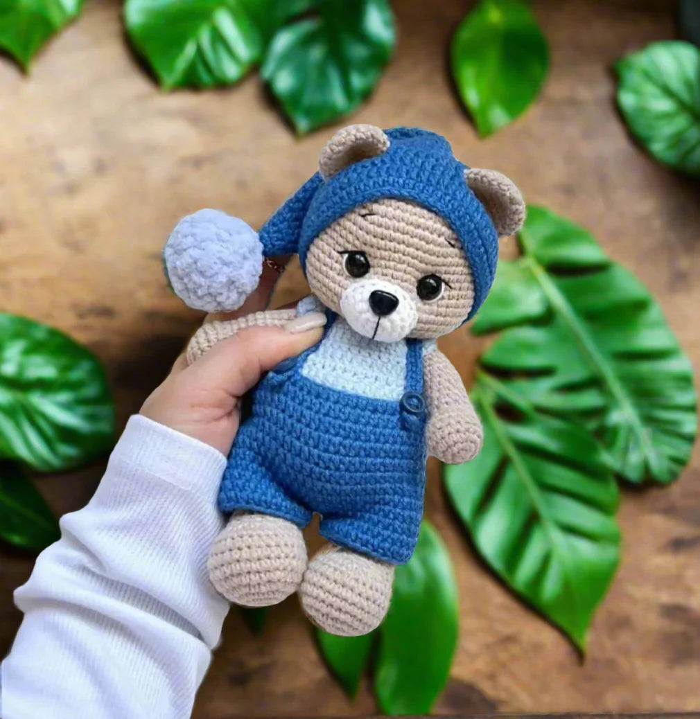 Crochet Teddy Bear in Blue jumpsuit and Hat With Pom-pom