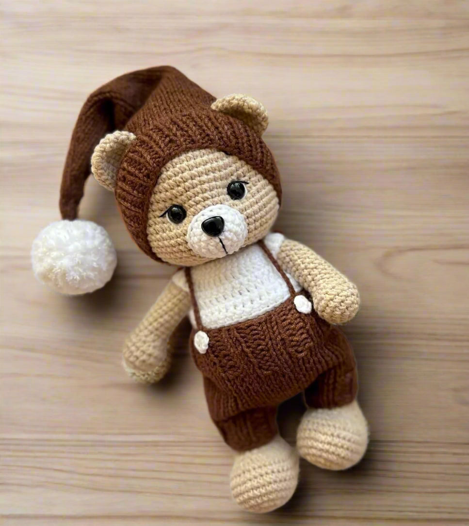 Crochet Teddy Bear in Brown jumpsuit and Hat With Pom-pom