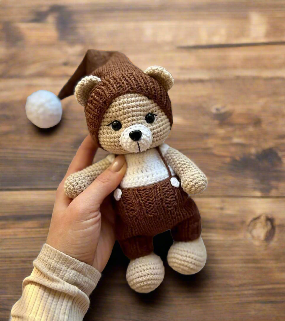 Crochet Teddy Bear in Brown jumpsuit and Hat With Pom-pom
