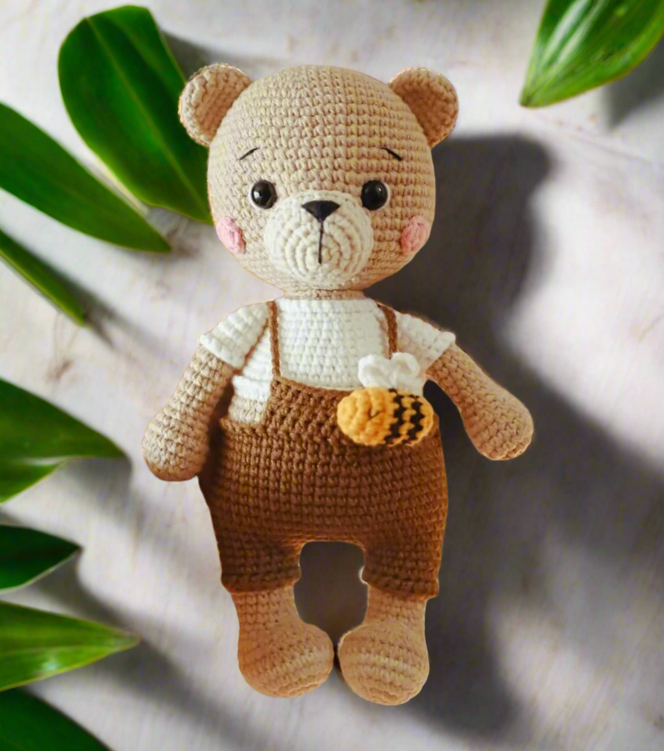 Crochet Teddy Bear in Cute Jumpsuit with Bee
