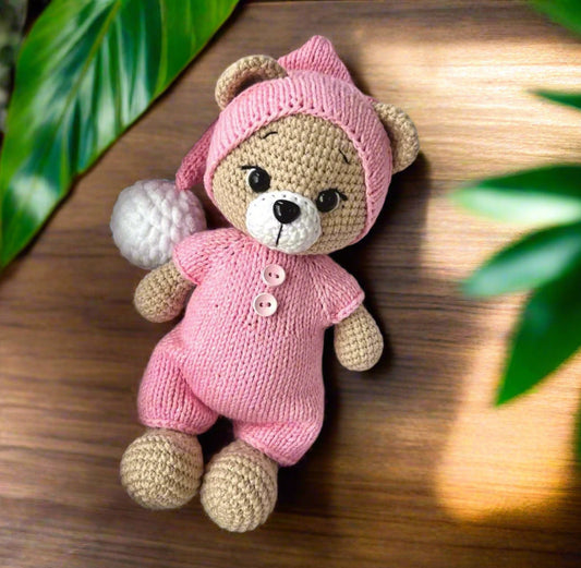 Crochet Teddy Bear in Pink Jumper and Hat With Pom-pom