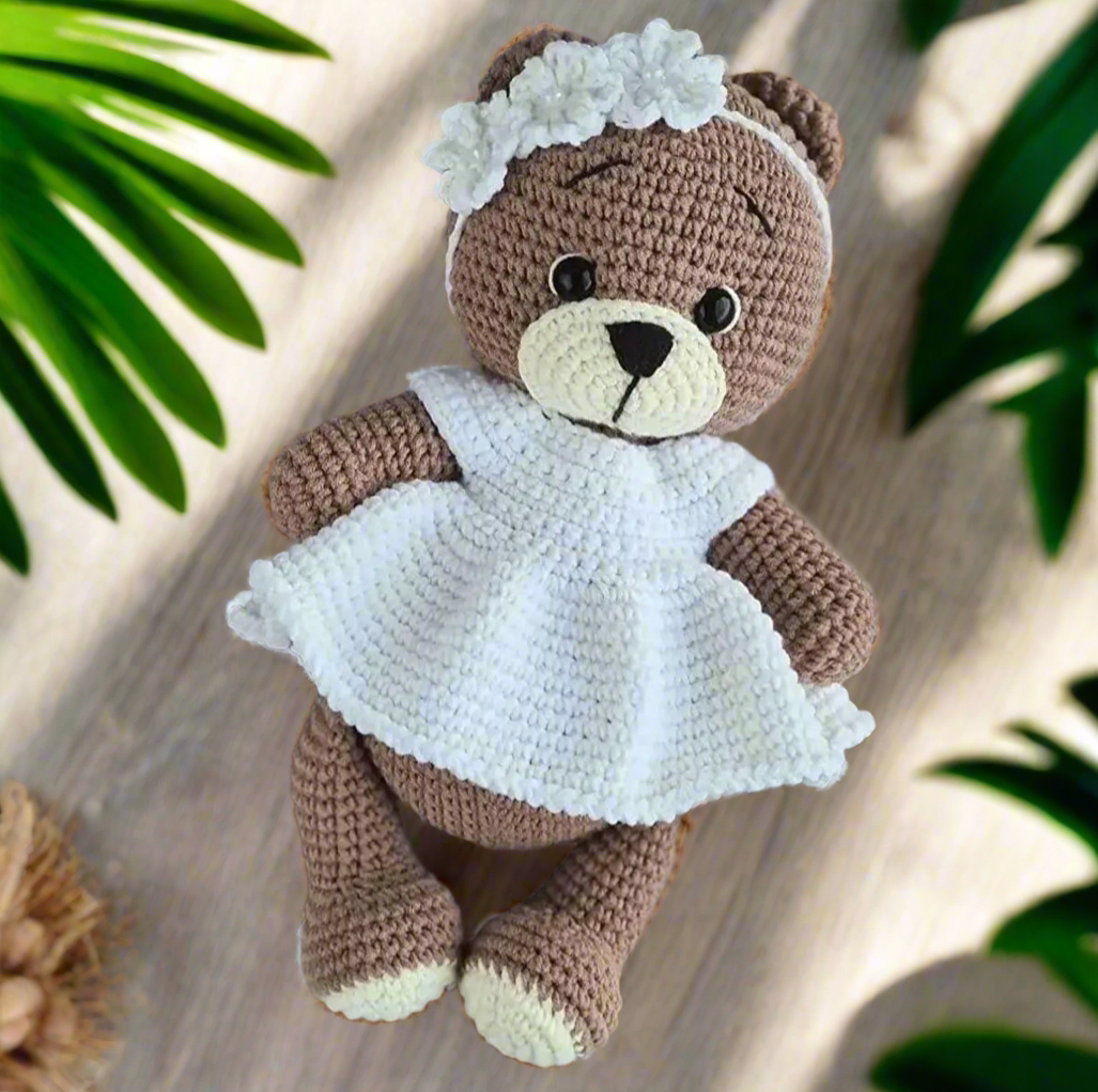 Crochet Teddy Bear in White Dress Toy