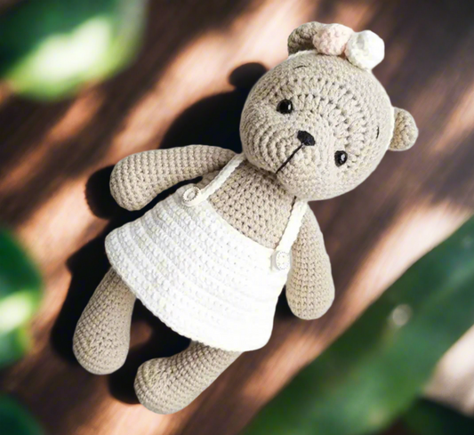 Crochet Teddy Bear with White Dress Toy
