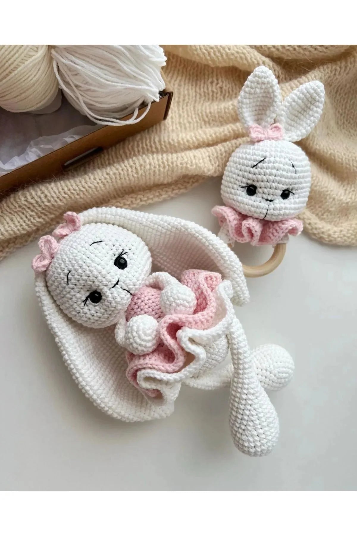 Handmade Crochet Toy Set Long Ear Bunny 2pc