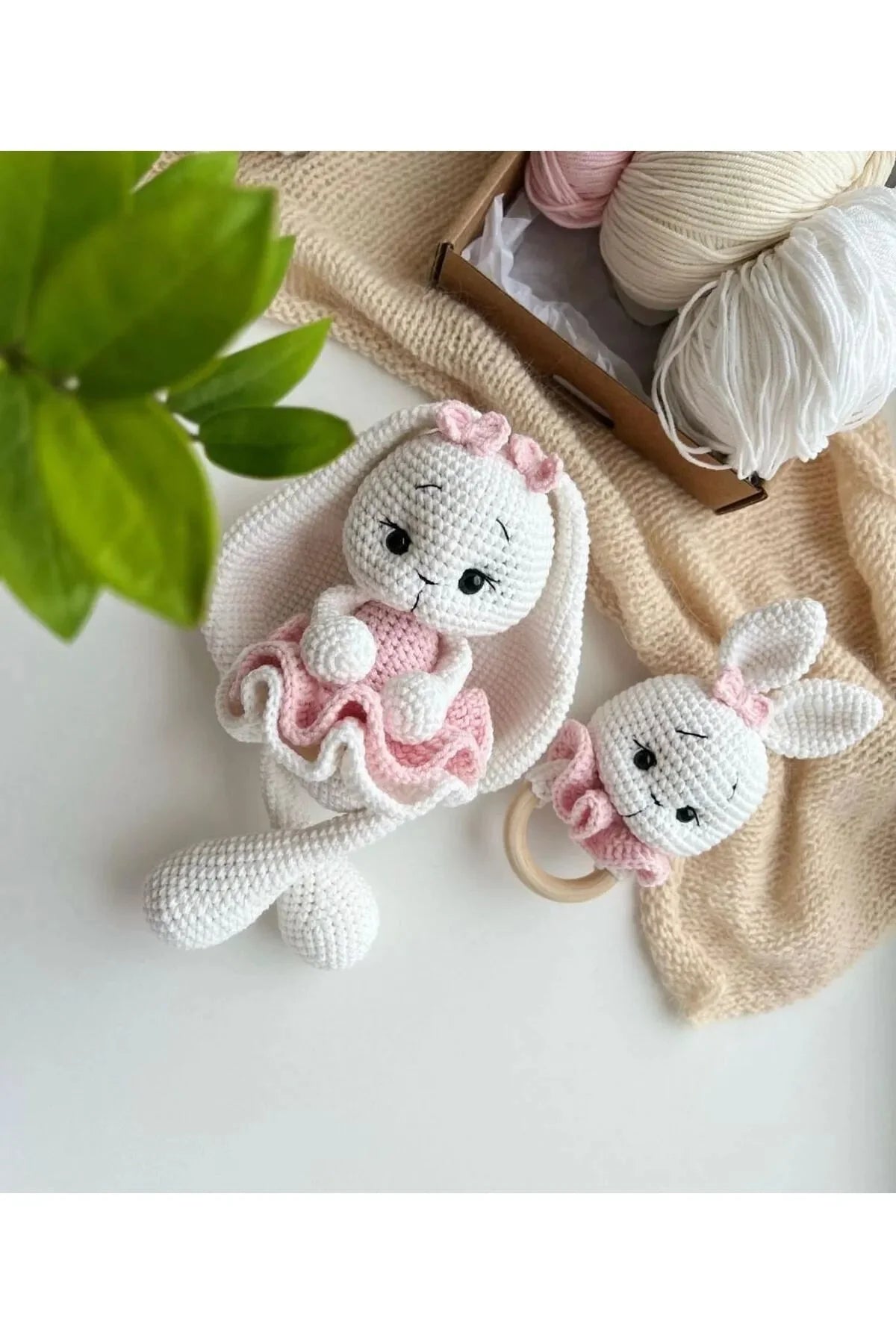 Handmade Crochet Toy Set Long Ear Bunny 2pc