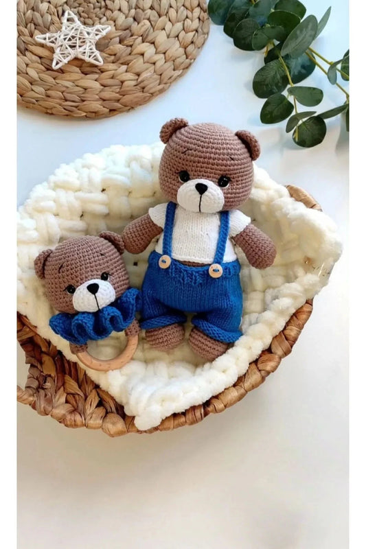 Handmade Crochet Toy Set Teddy Bear in Blue Jumpsuit 2pc