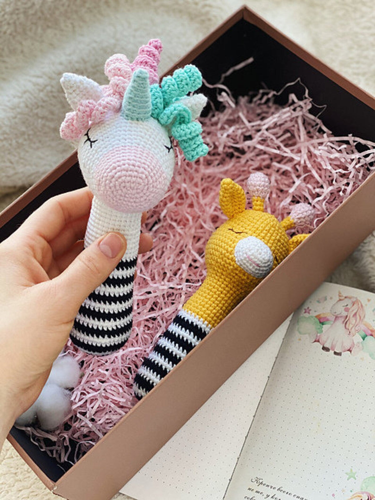 Crochet Unicorn and Giraffes Rattle Toy Set 3pc