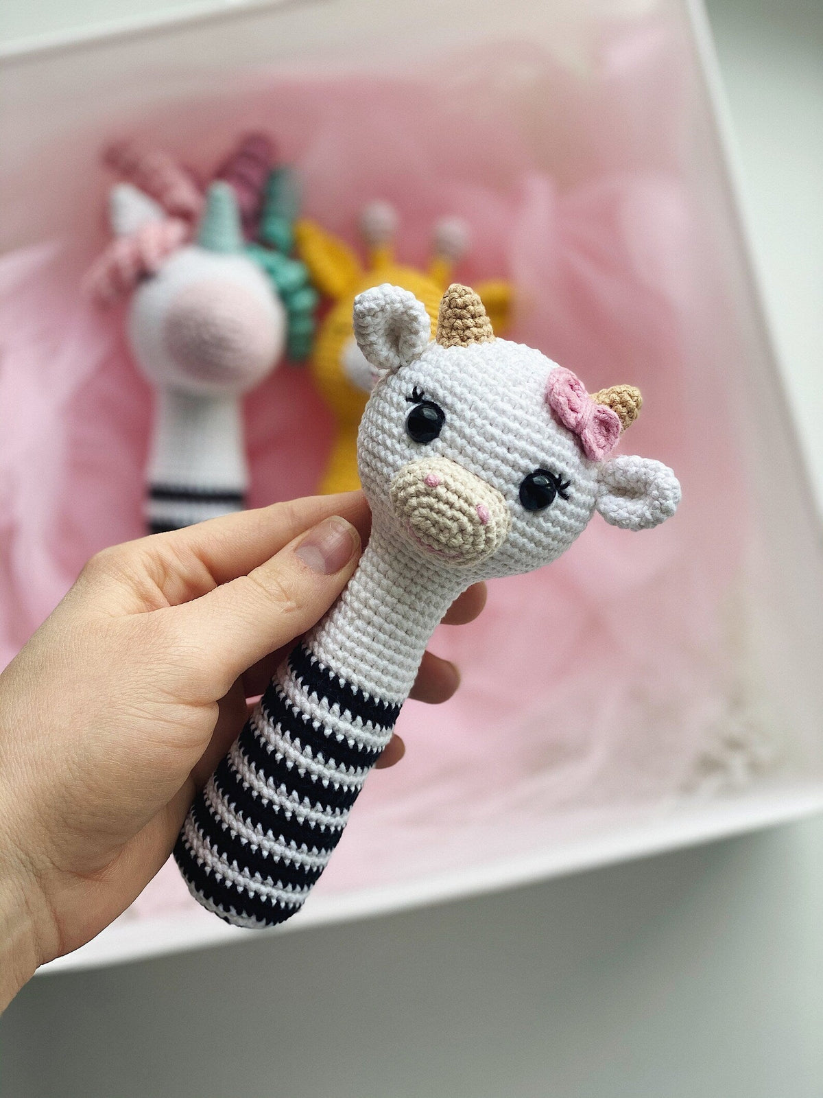Crochet Unicorn and Giraffes Rattle Toy Set 3pc