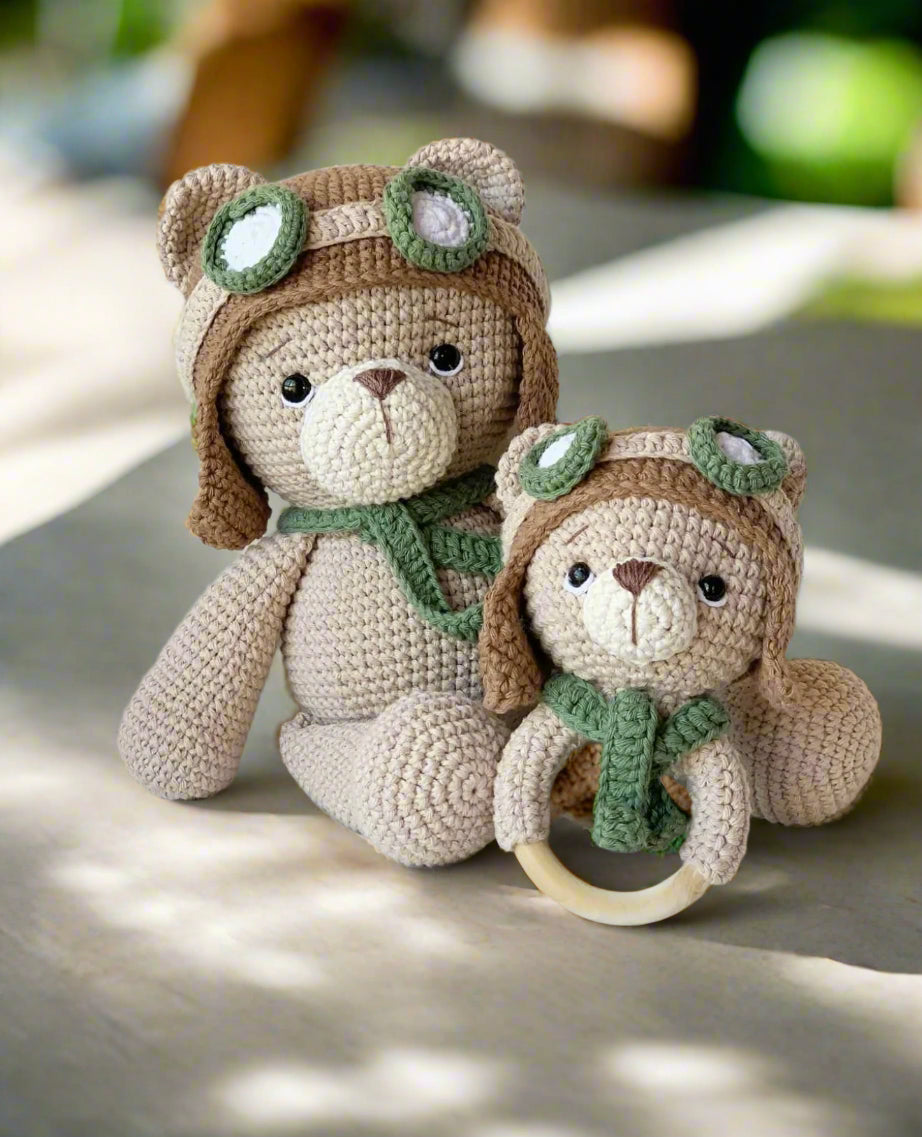 Crochet Cute Pilot Teddy Bear Toy and Rattle Toy Gift Set 2pc