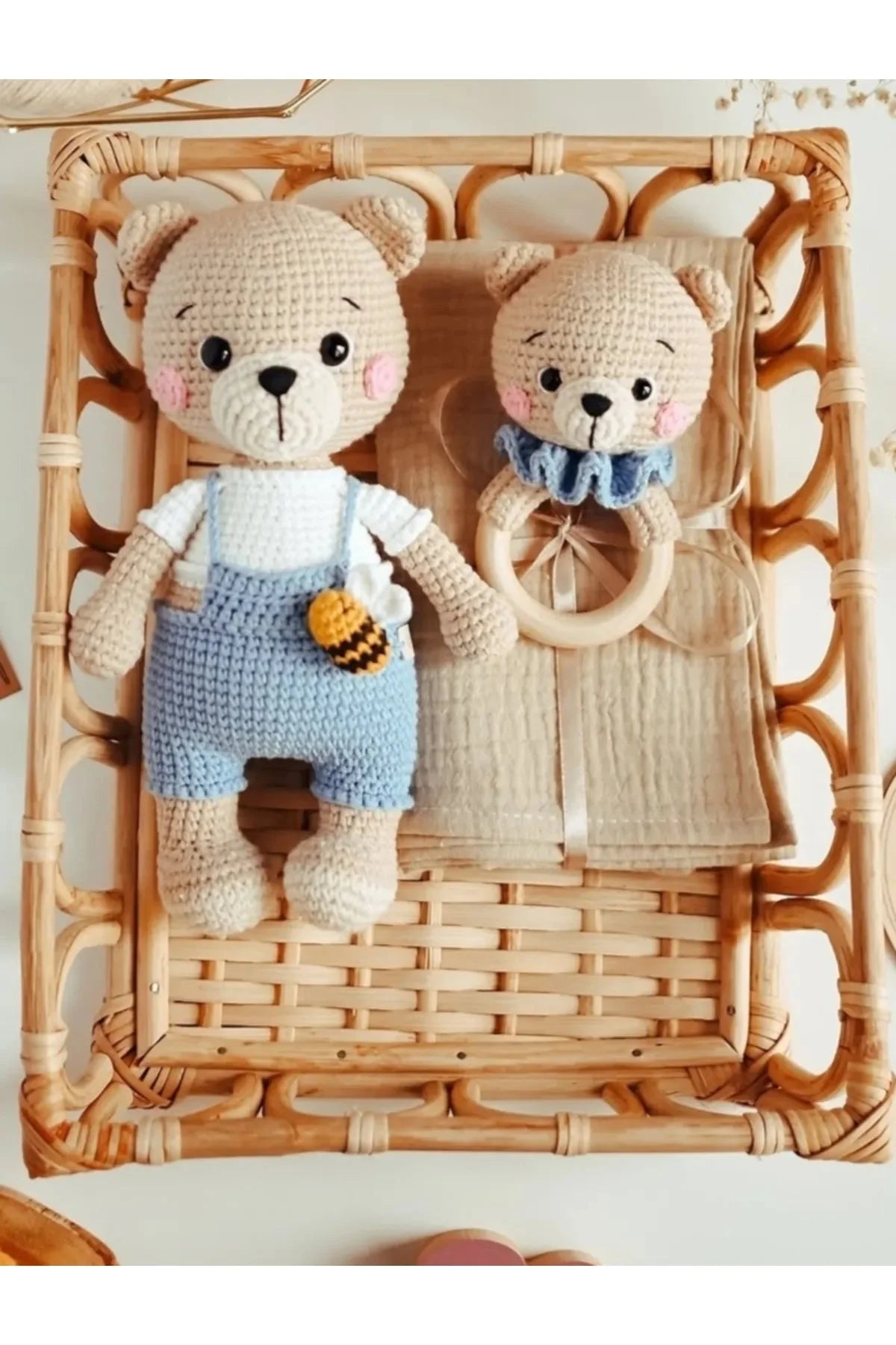 Handcrafted Crochet Teddy Bear Toy and Rattle Gift Set 2pc