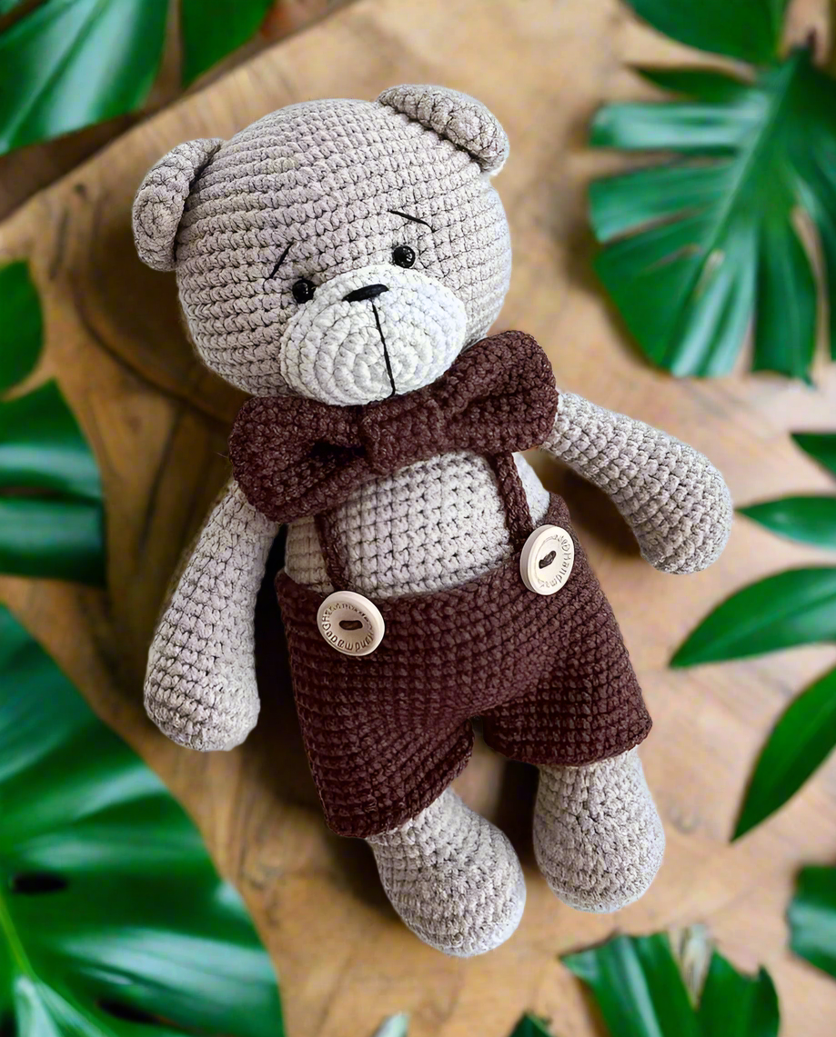 Handcrafted Crochet Teddy Bear with a Brown Bow Tie