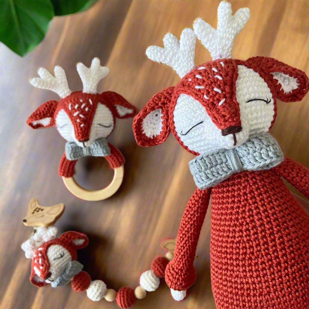Handmade Crochet Baby Reindeer Toy Gift Set (3pc)