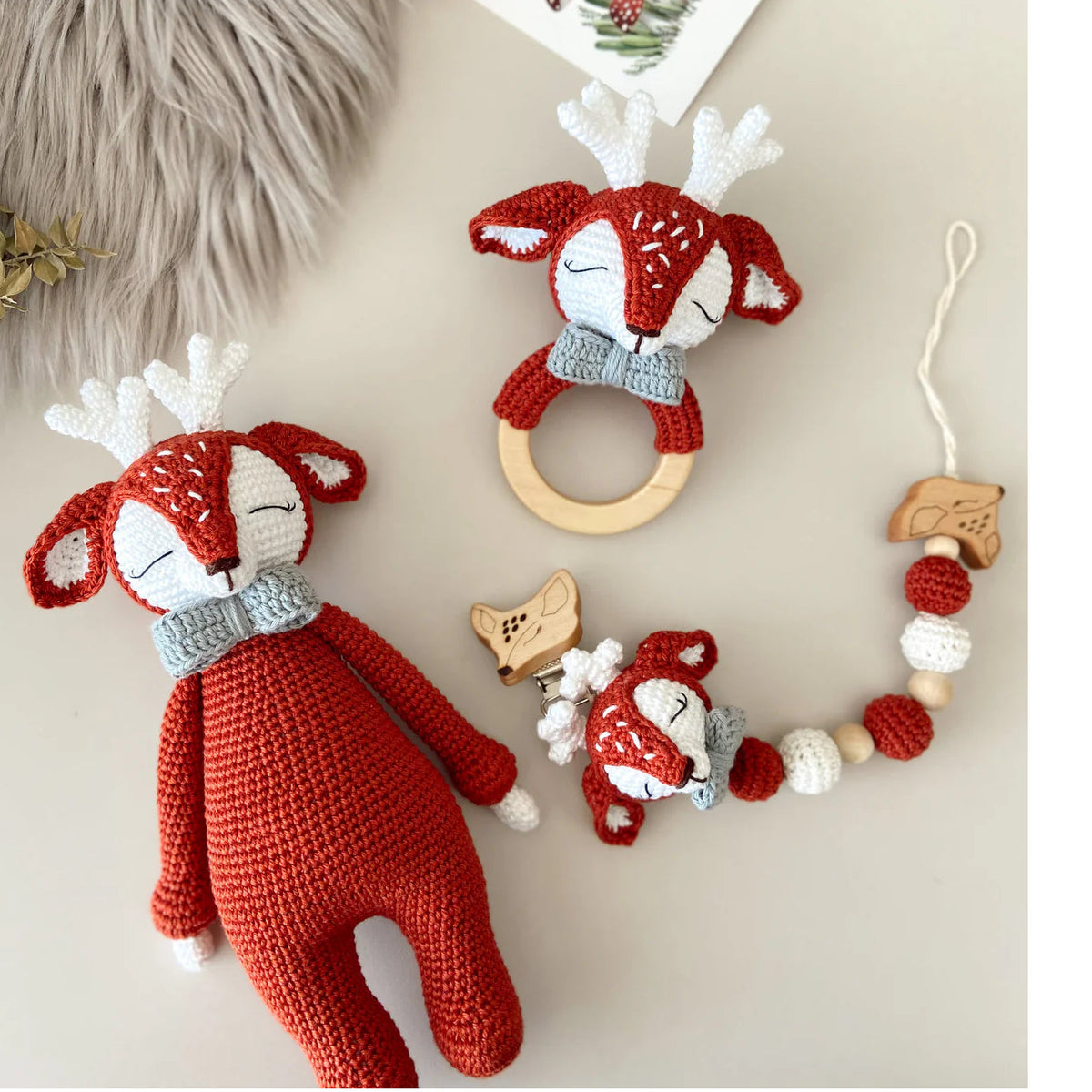 Handmade Crochet Baby Reindeer Toy Gift Set (3pc)