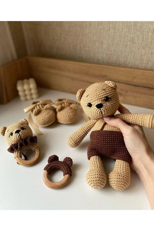 Handmade Crochet Brown Teddy Bear Toy Gift Set (4pc)