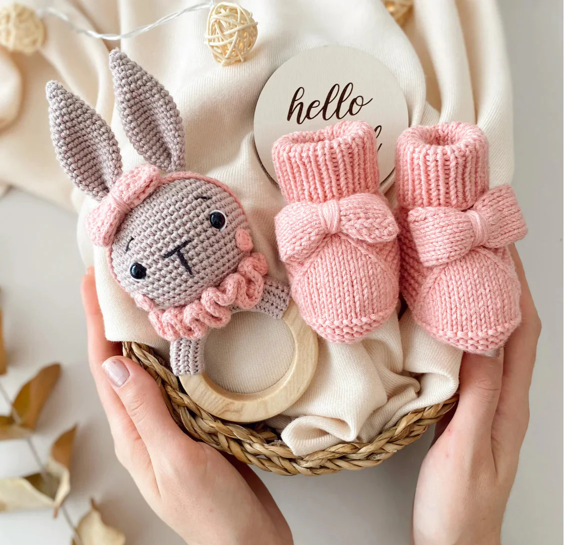 Handmade Crochet Bunny Rattle Toy and Baby Booties Gift Set (2pc)