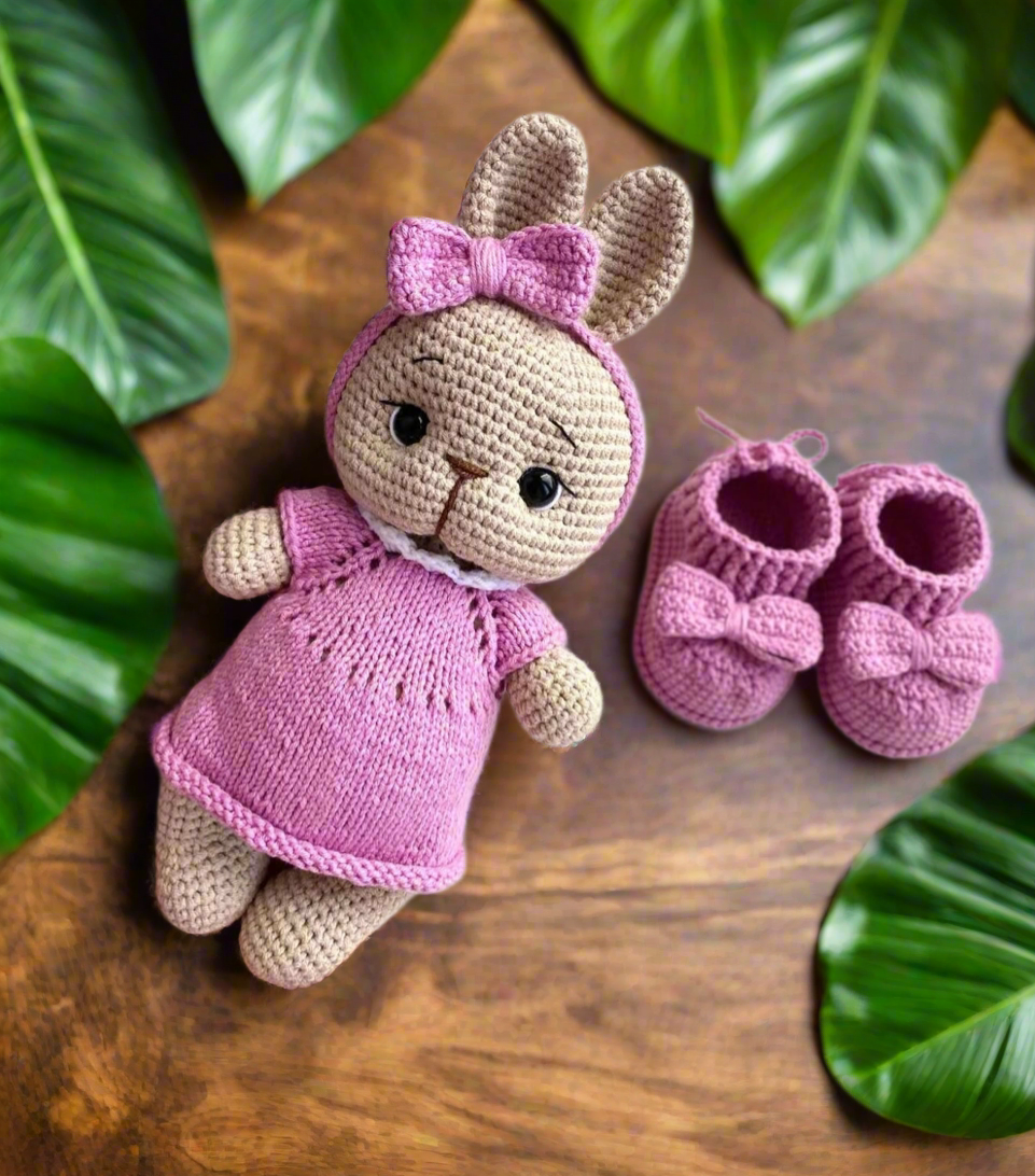 Handmade Crochet Bunny Toy Gift Set Pink Dress (2pc)