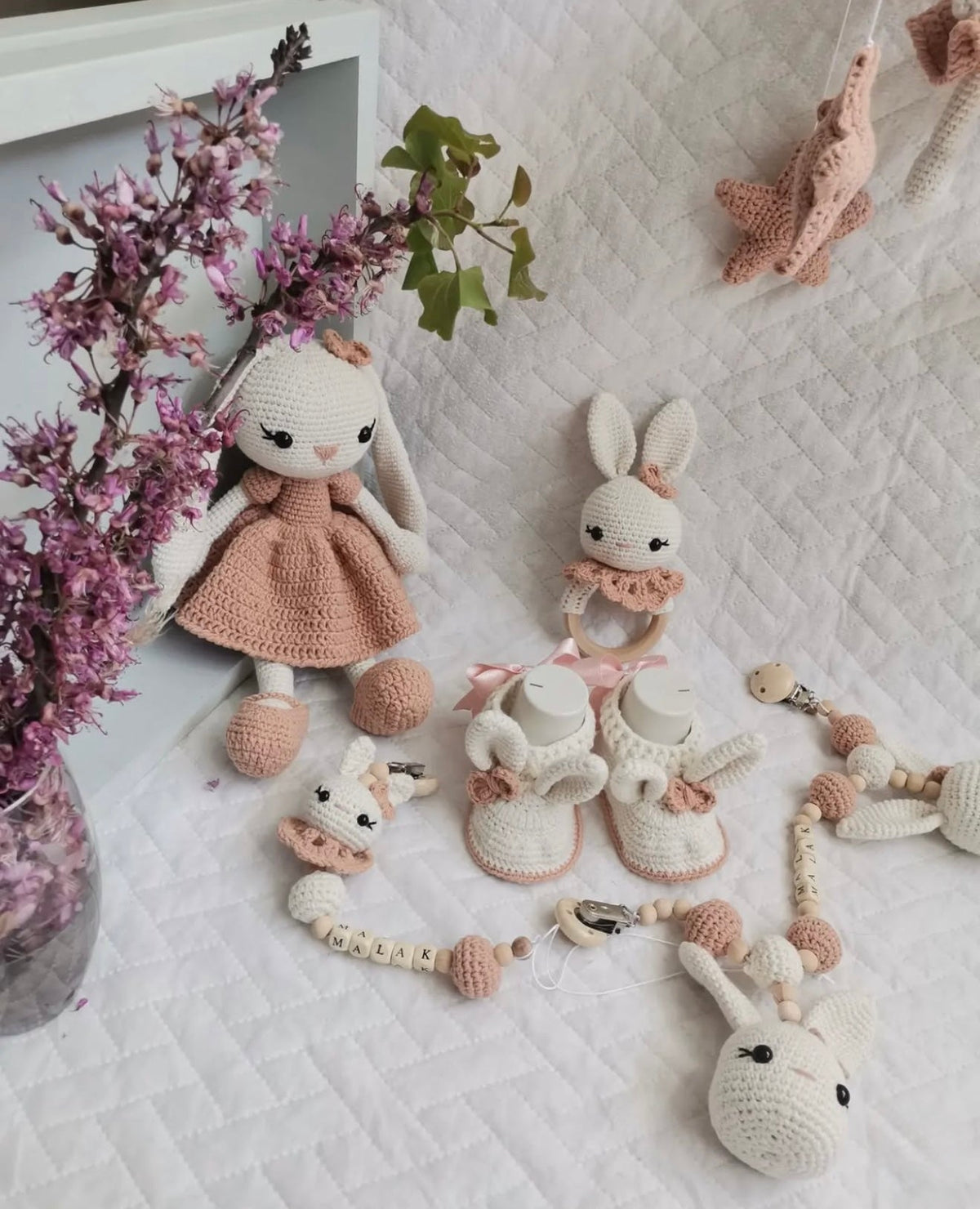 Handmade Crochet Bunny Toy Gift Set (6pc) - Personalised Dummy Clip, Pram Toy Clip, Nursery Mobile, Rattle Toy