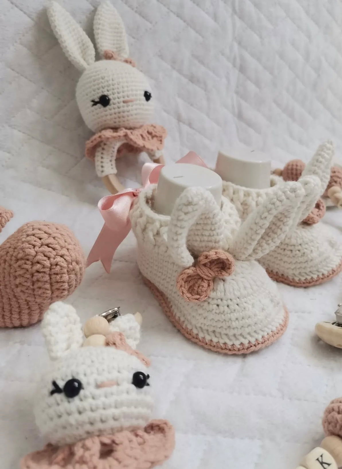 Handmade Crochet Bunny Toy Gift Set (6pc) - Personalised Dummy Clip, Pram Toy Clip, Nursery Mobile, Rattle Toy
