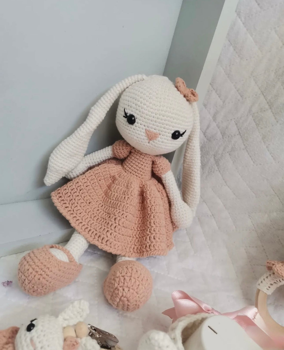 Handmade Crochet Bunny Toy Gift Set (6pc) - Personalised Dummy Clip, Pram Toy Clip, Nursery Mobile, Rattle Toy