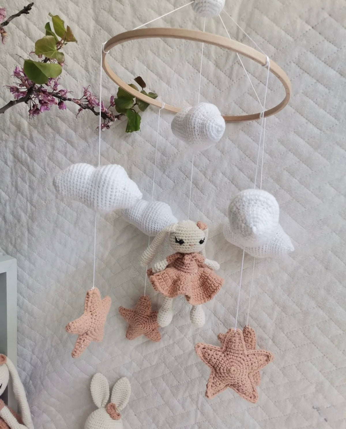 Handmade Crochet Bunny Toy Gift Set (6pc) - Personalised Dummy Clip, Pram Toy Clip, Nursery Mobile, Rattle Toy