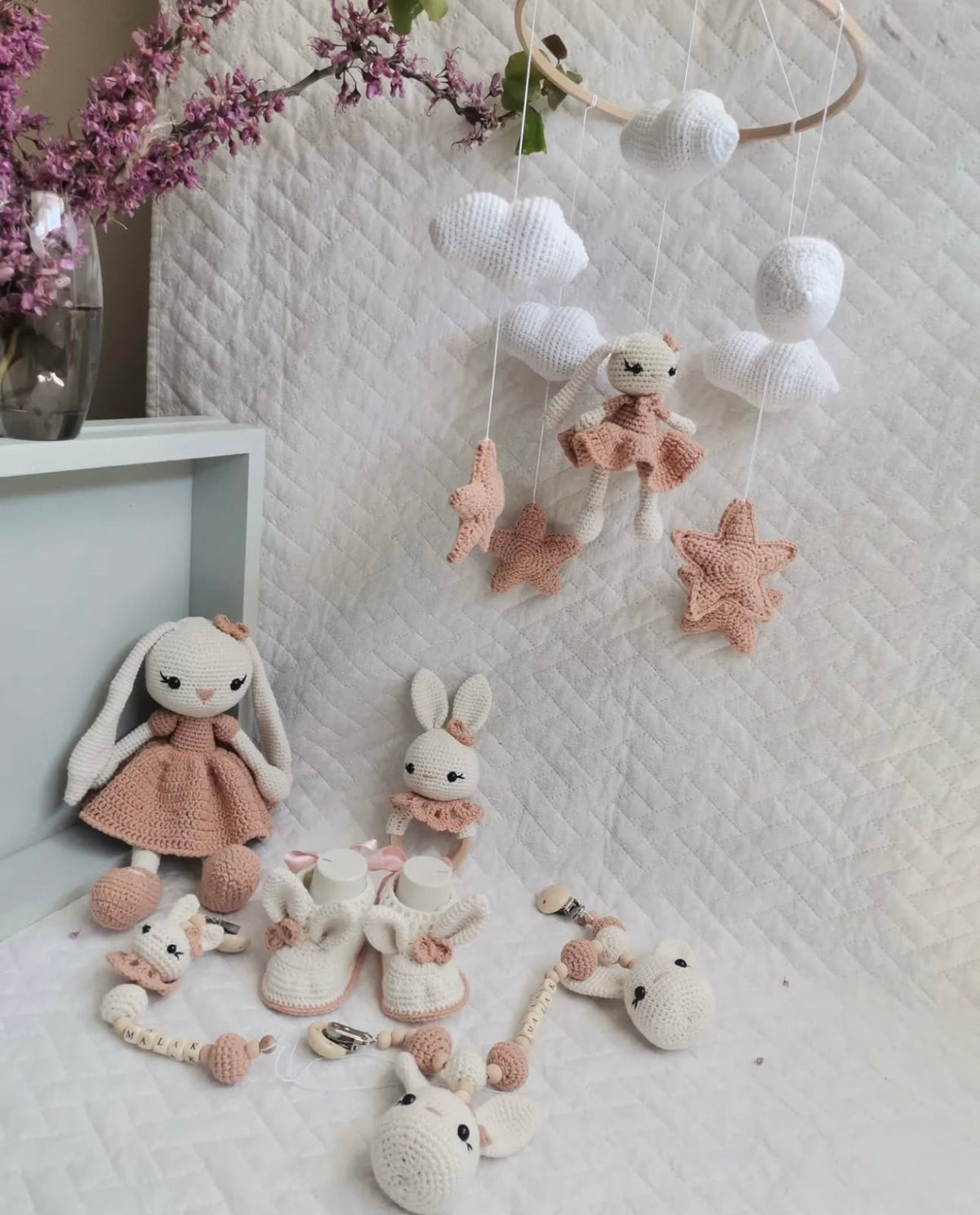 Handmade Crochet Bunny Toy Gift Set (6pc) - Personalised Dummy Clip, Pram Toy Clip, Nursery Mobile, Rattle Toy