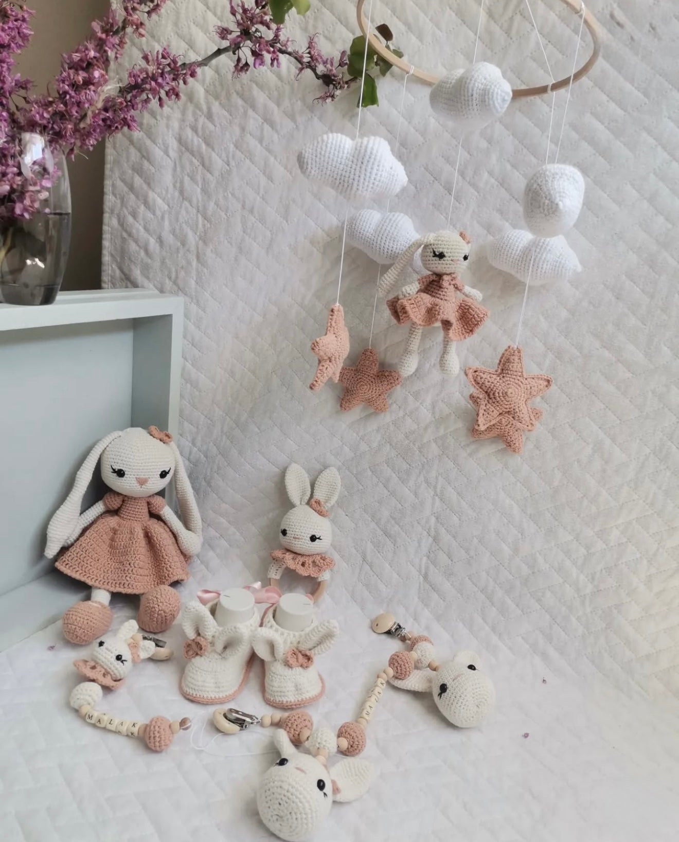 Handmade Crochet Bunny Toy Gift Set (6pc) - Personalised Dummy Clip, Pram Toy Clip, Nursery Mobile, Rattle Toy