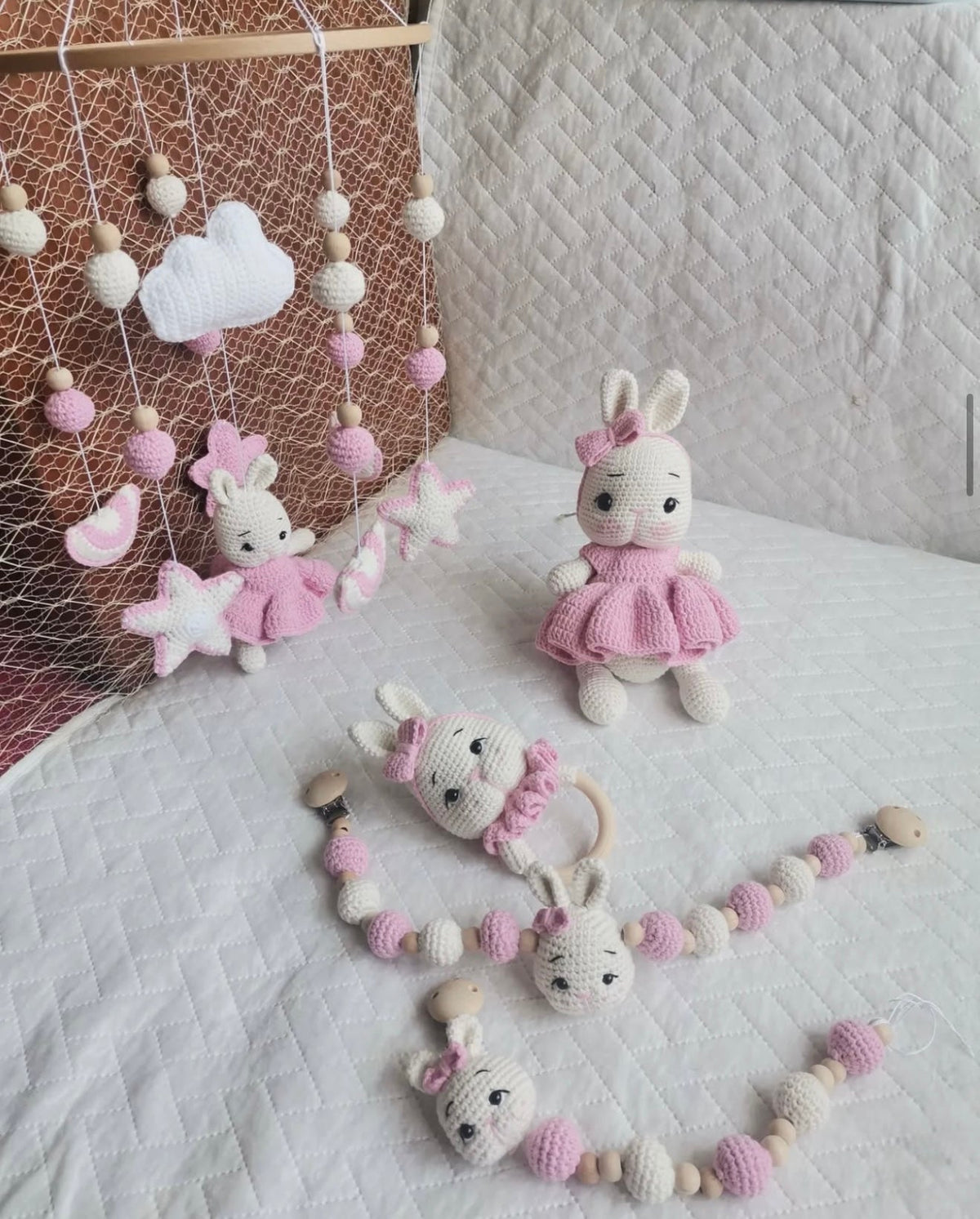 Handmade Crochet Bunny in Pink Dress Toy Gift Set (5pc) - Personalised Dummy Clip, Pram Toy Clip, Nursery Mobile, Rattle Toy