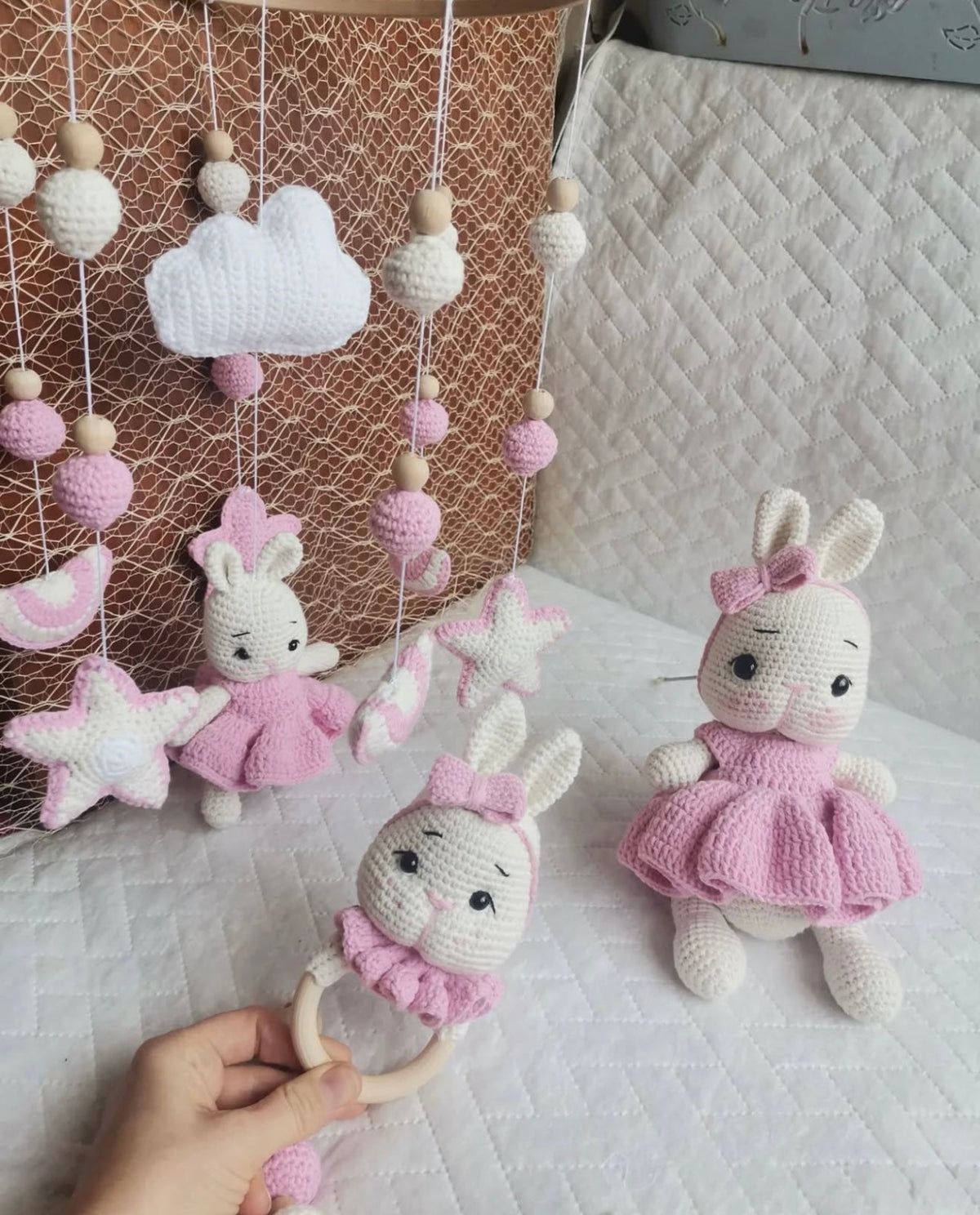Handmade Crochet Bunny in Pink Dress Toy Gift Set (5pc) - Personalised Dummy Clip, Pram Toy Clip, Nursery Mobile, Rattle Toy