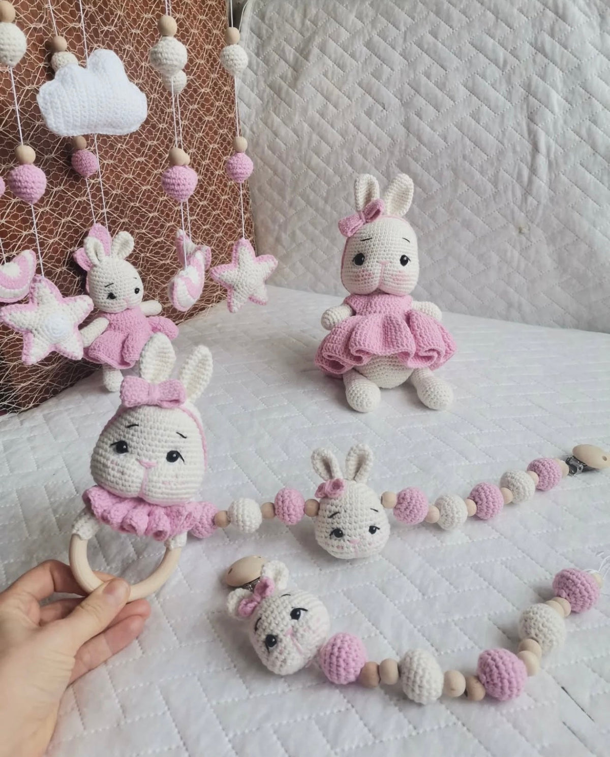 Handmade Crochet Bunny in Pink Dress Toy Gift Set (5pc) - Personalised Dummy Clip, Pram Toy Clip, Nursery Mobile, Rattle Toy