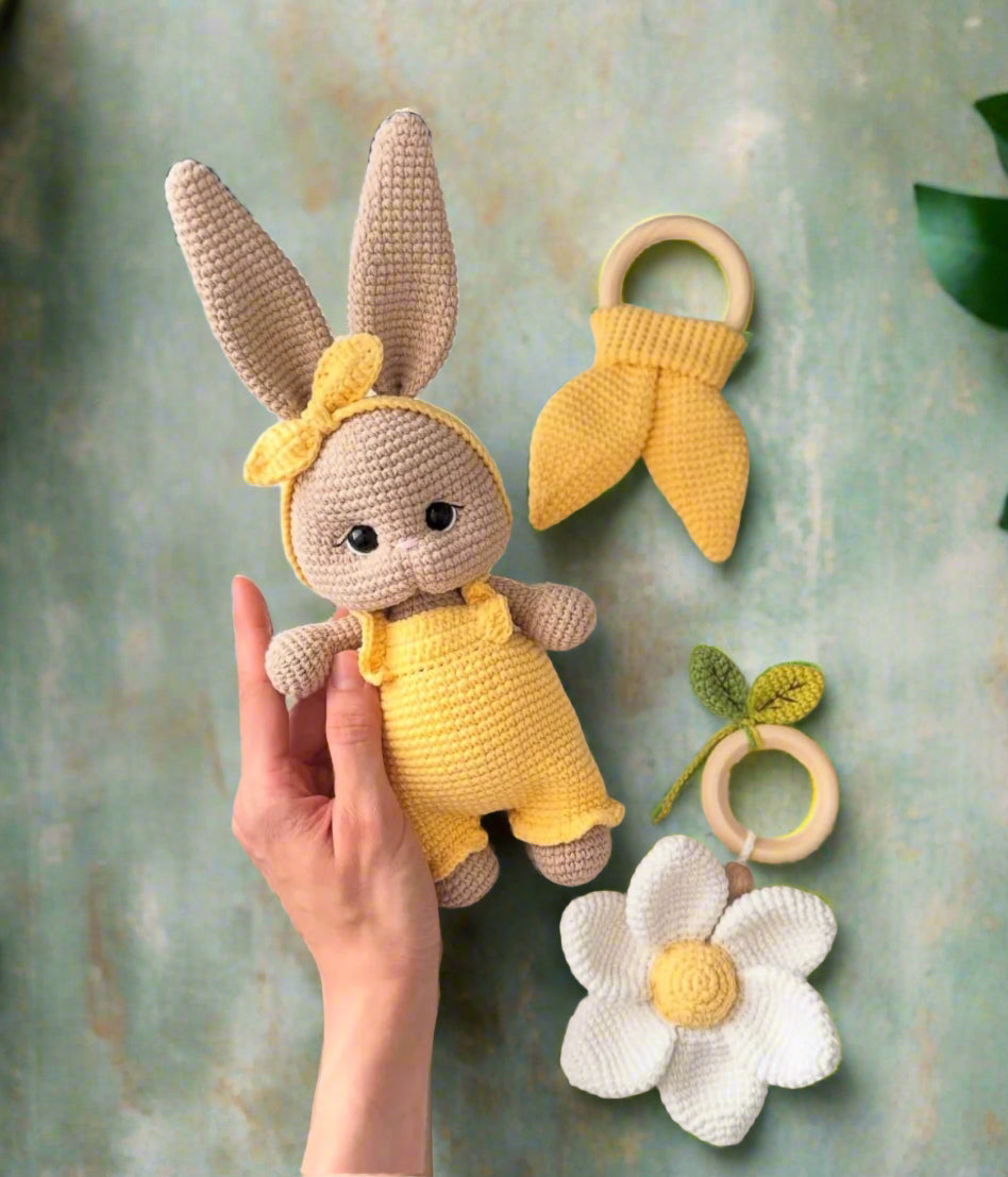 Handmade Crochet Bunny in Yellow Jumpsuit Toy Gift Set (3pc)