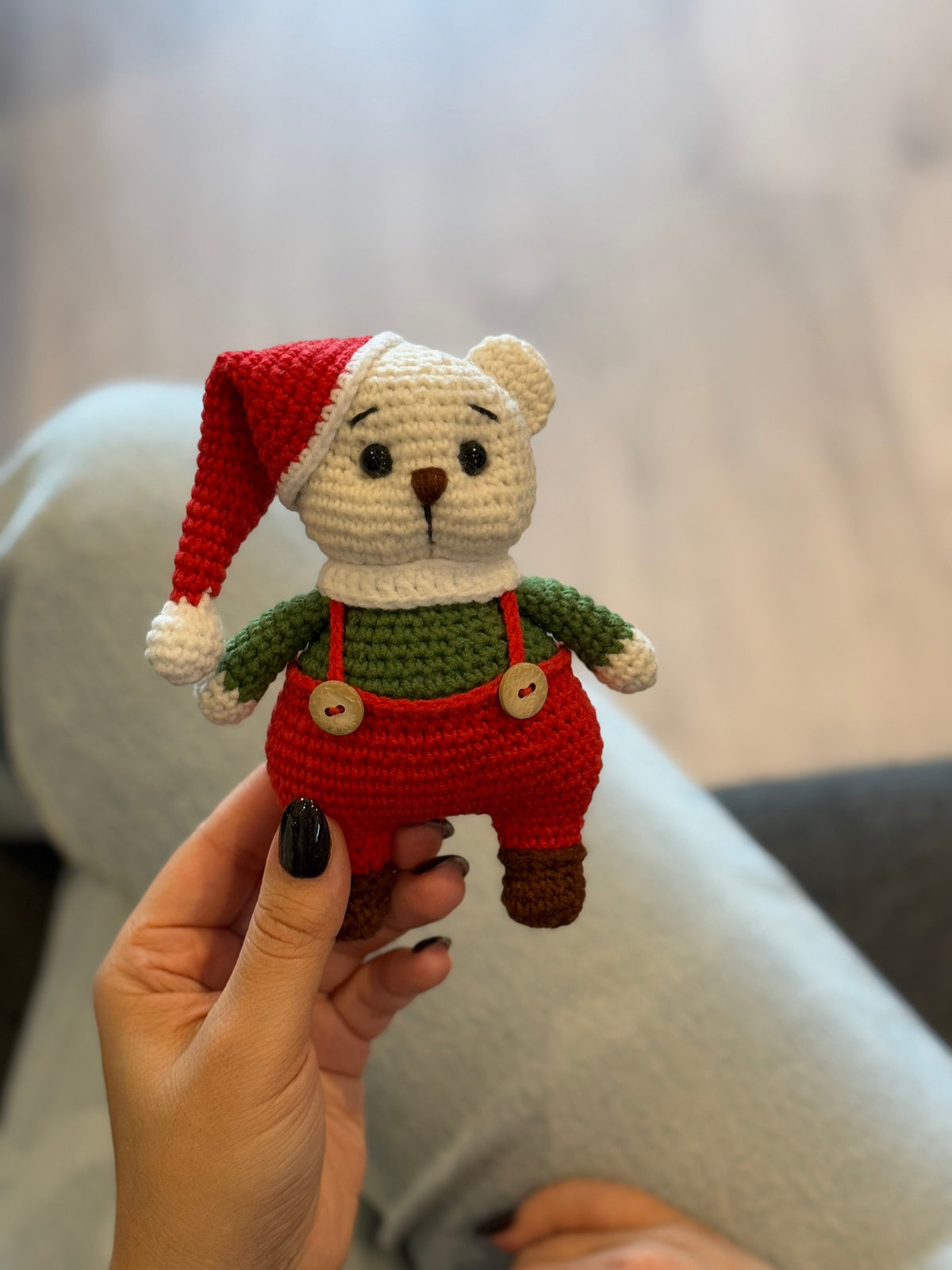 Crochet Cute White Teddy Bear Toy in Red Santa Costume