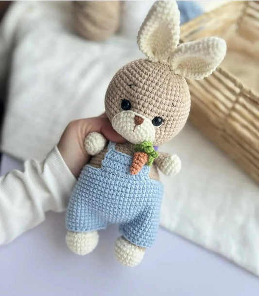 Handmade Crochet Cute Bunny Toy in Blue Jumpsuit