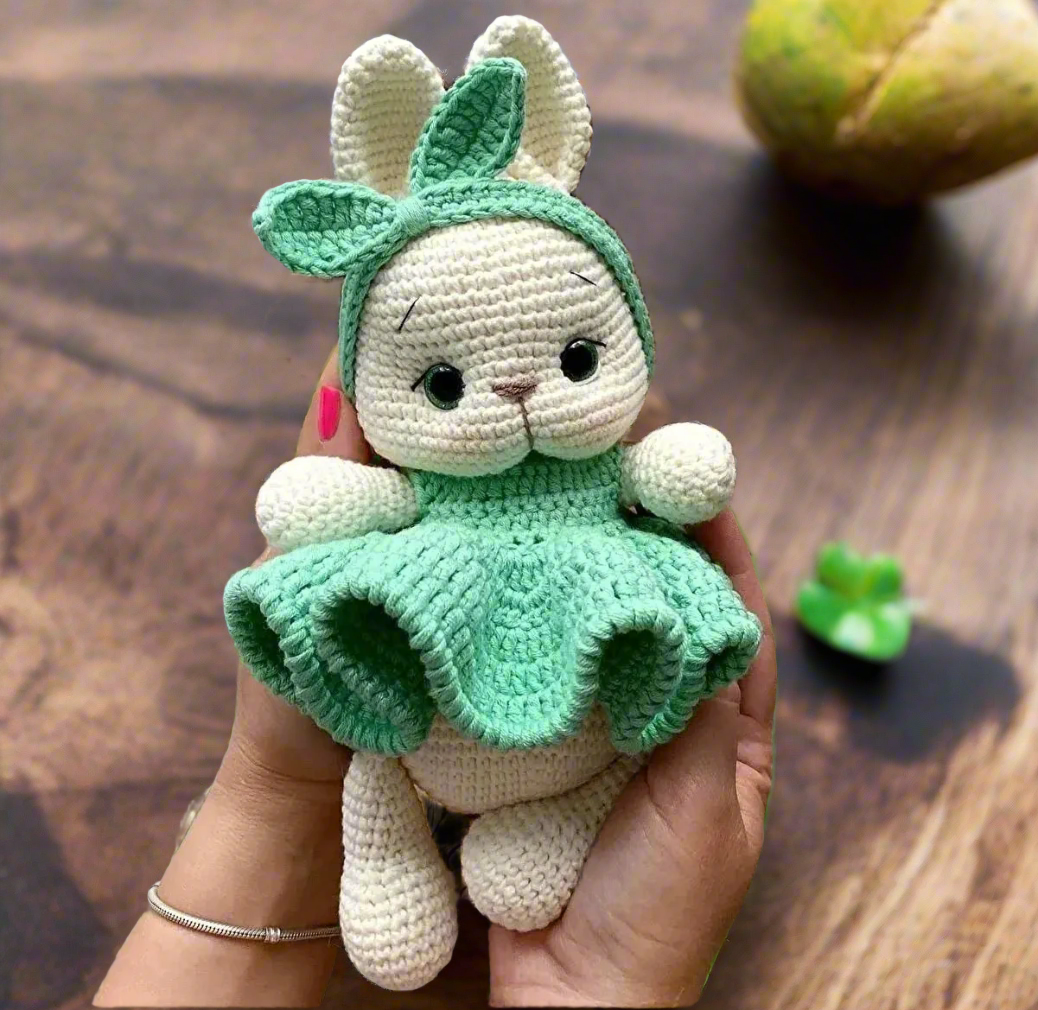 Handmade Crochet Cute Bunny in Green Dress Toy