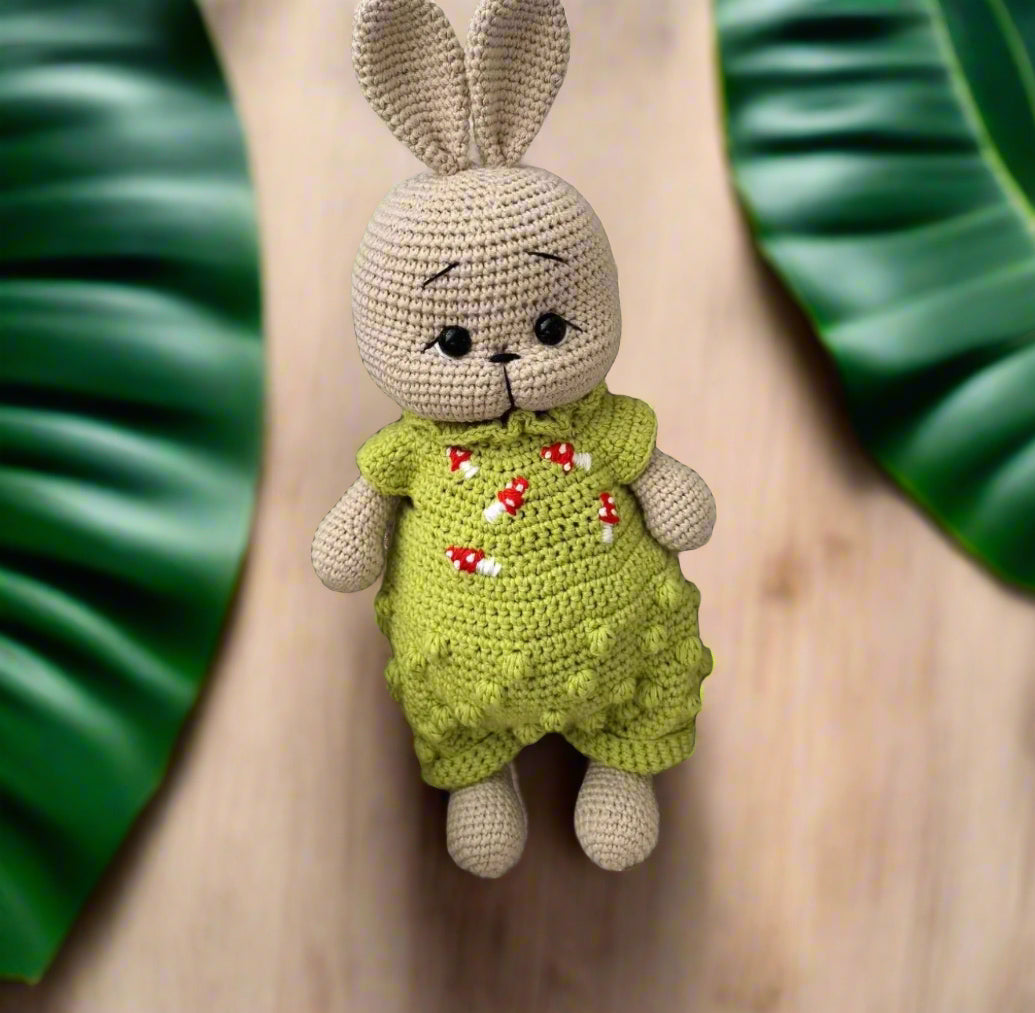 Handmade Crochet Cute Bunny in Green Jumpsuit with Mushrooms??