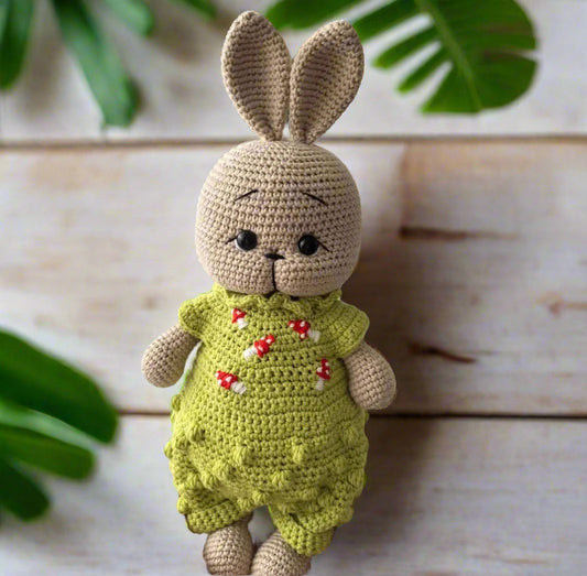 Handmade Crochet Cute Bunny in Green Jumpsuit with Mushrooms??