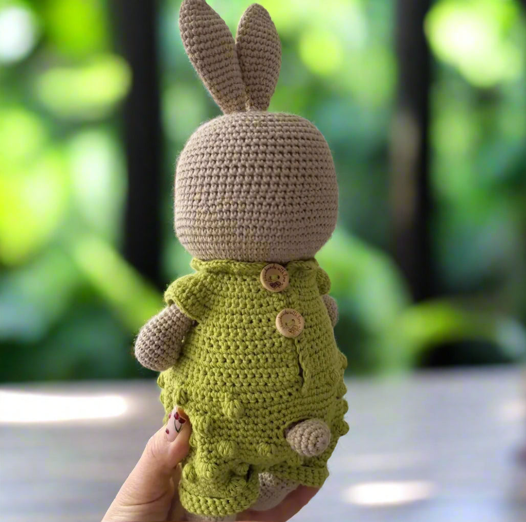 Handmade Crochet Cute Bunny in Green Jumpsuit with Mushrooms??