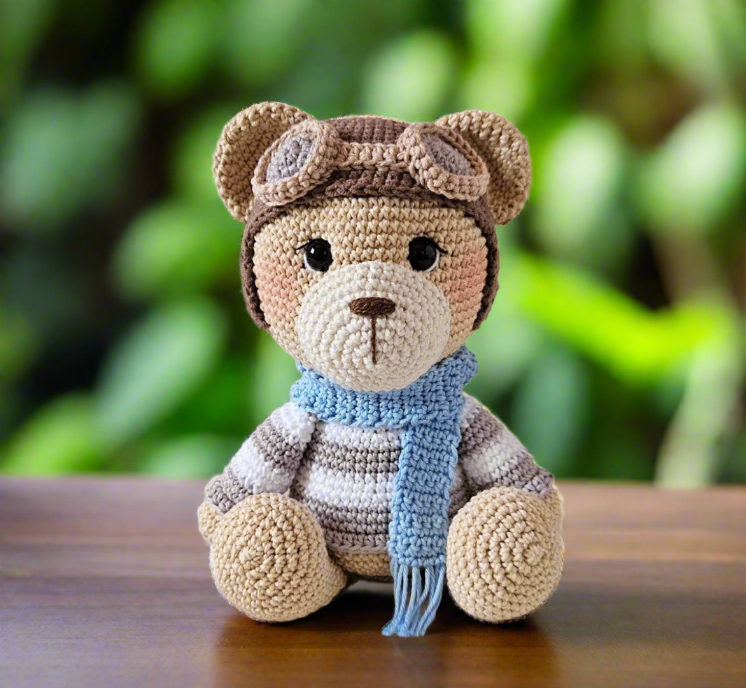 Handmade Crochet Cute Pilot Teddy Bear Toy