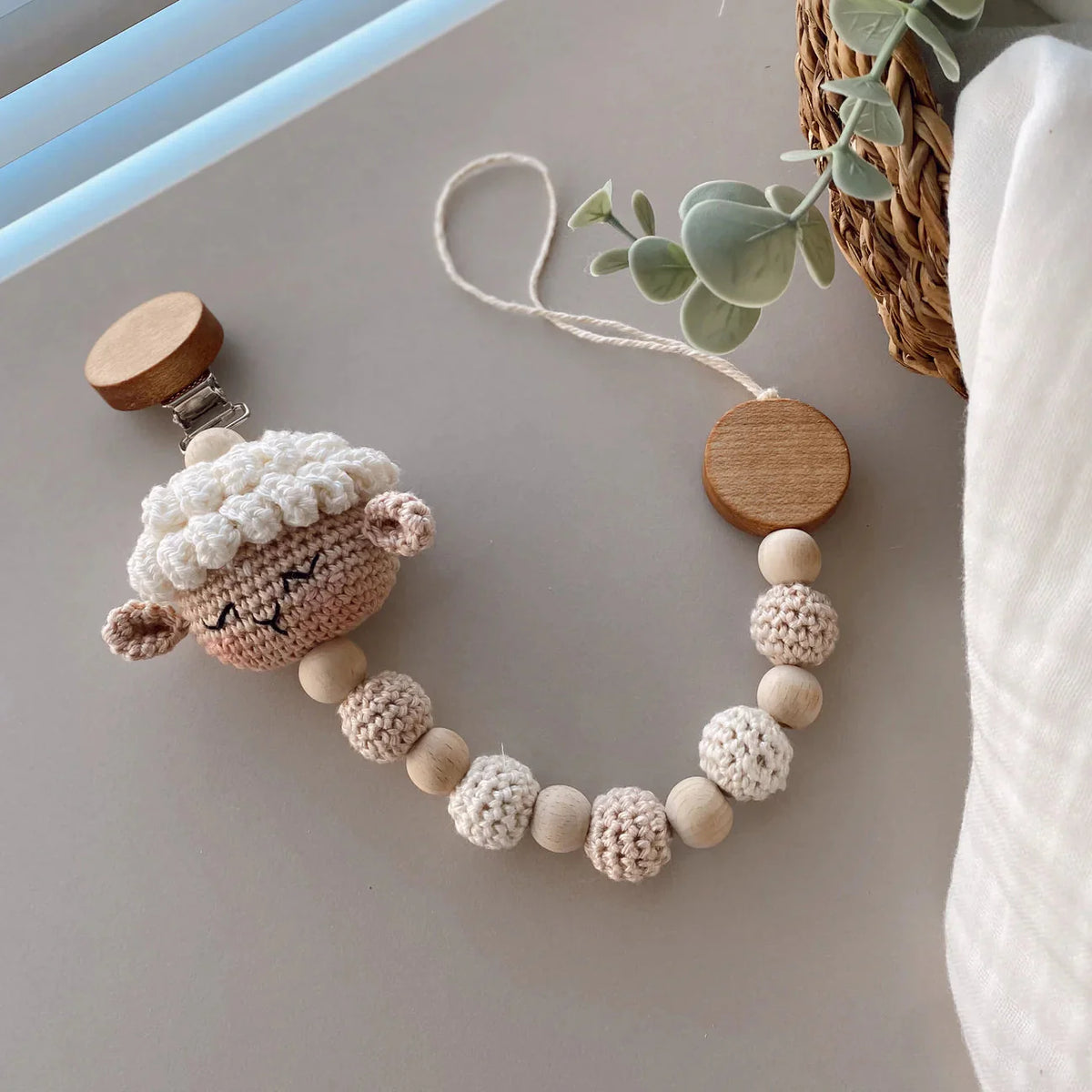 Handmade Crochet Cute Sheep Toy Gift Set (4pc) - Pram Toy Clip, Dummy Clip, Sleeping Mate