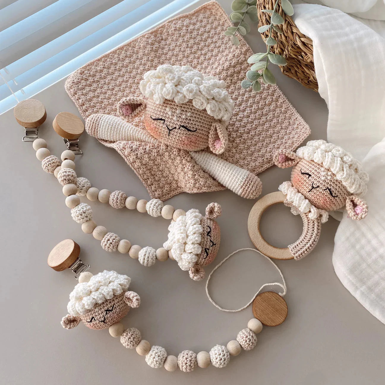 Handmade Crochet Cute Sheep Toy Gift Set (4pc) - Pram Toy Clip, Dummy Clip, Sleeping Mate