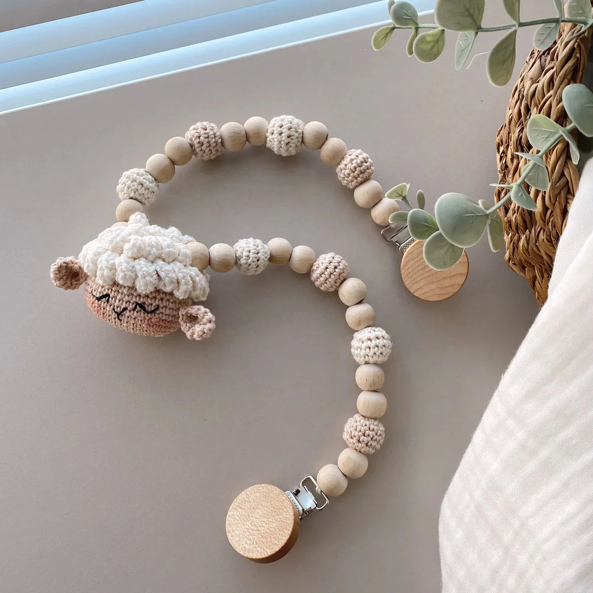 Handmade Crochet Cute Sheep Toy Gift Set (4pc) - Pram Toy Clip, Dummy Clip, Sleeping Mate