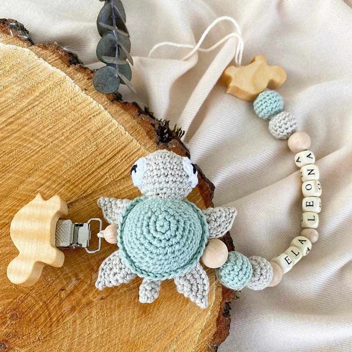 Handmade Crochet Cute Turtle Toy Gift Set (4pc) - Personalised Dummy Clip, Pram Toy Clip
