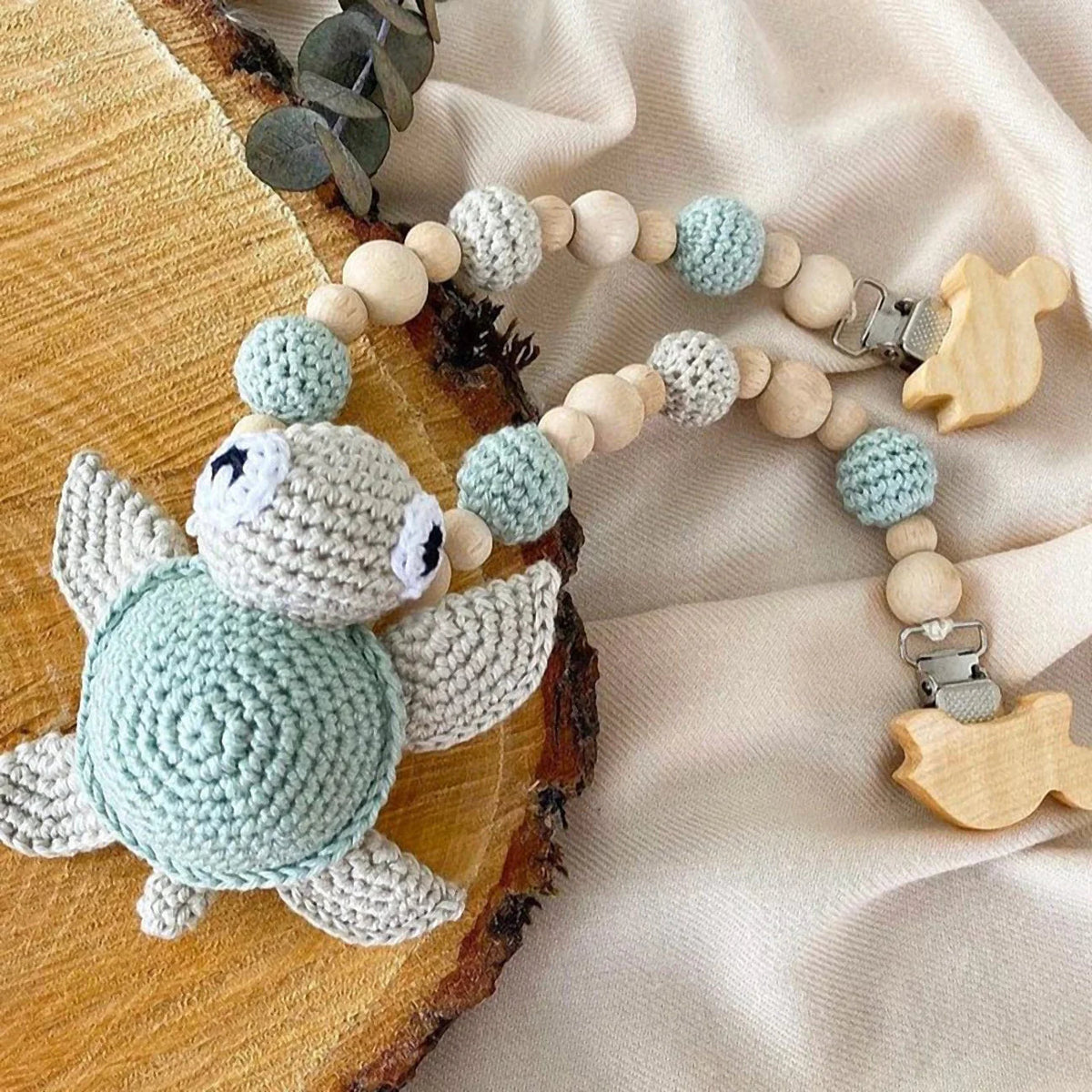 Handmade Crochet Cute Turtle Toy Gift Set (4pc) - Personalised Dummy Clip, Pram Toy Clip
