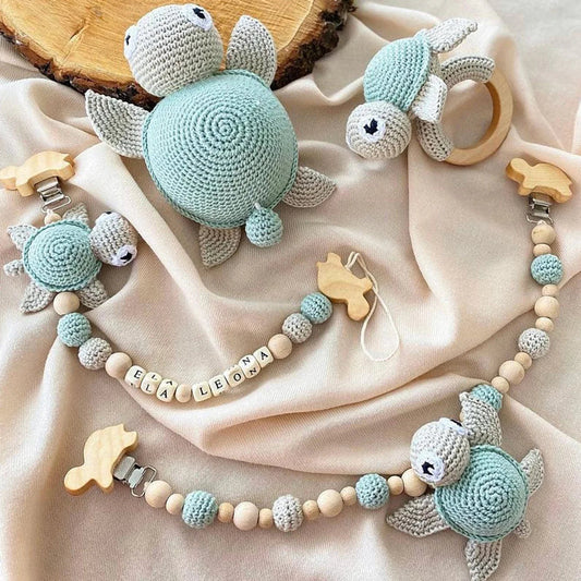 Handmade Crochet Cute Turtle Toy Gift Set (4pc) - Personalised Dummy Clip, Pram Toy Clip