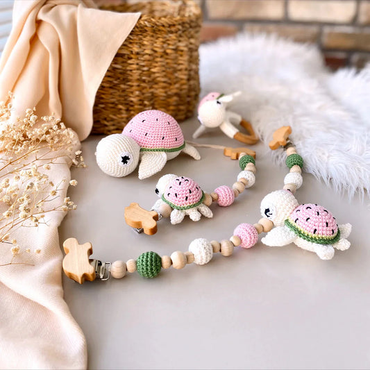 Handmade Crochet Cute Watermelon Turtle Toy Gift Set (4pc) - Personalised Dummy Clip, Pram Toy Clip