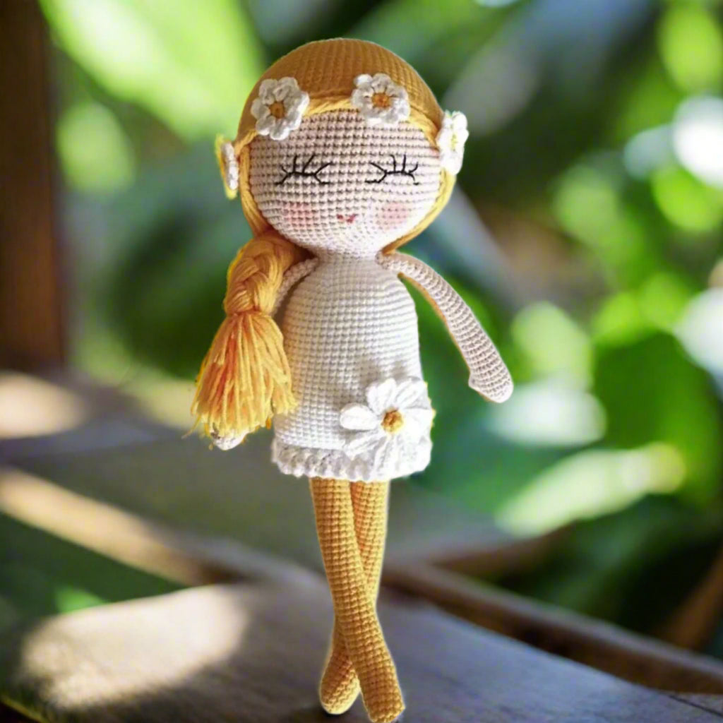 Handmade Crochet Doll – Long-Haired Blonde Girl with Braids and Daisy Dress