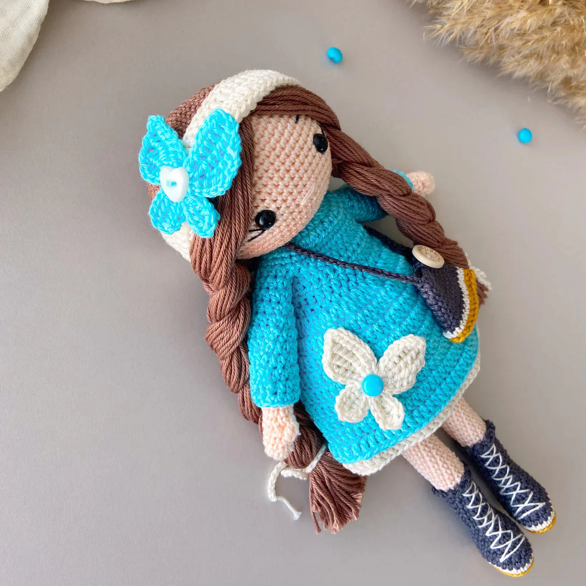 Handmade Crochet Doll with Fancy Blue Dress – Long-Haired Girl with Braids