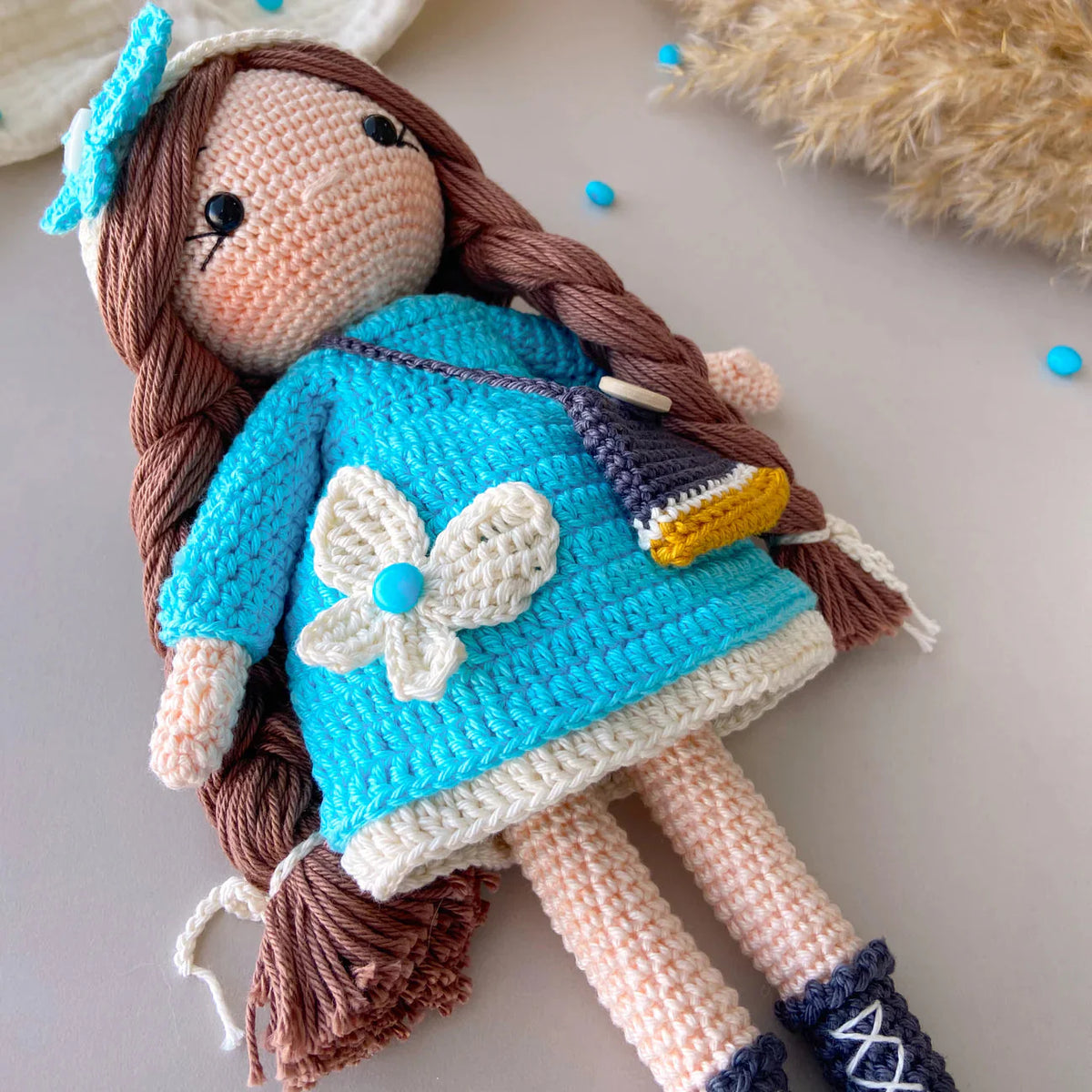Handmade Crochet Doll with Fancy Blue Dress – Long-Haired Girl with Braids